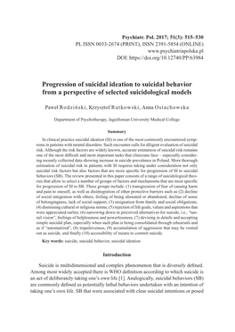 Progression of Suicidal Ideation to Suicidal Behavior from a Perspective of Selected Suicidological Models