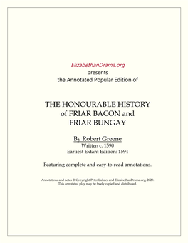 THE HONOURABLE HISTORY of FRIAR BACON and FRIAR BUNGAY