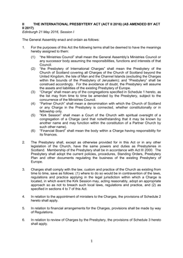 THE INTERNATIONAL PRESBYTERY ACT (ACT II 2016) (AS AMENDED by ACT II 2017) Edinburgh 21 May 2016, Session I