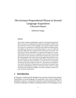 The German Prepositional Phrase in Second Language Acquisition a Research Report