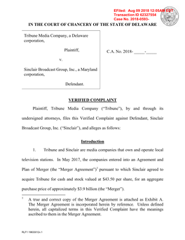 COMPLAINT Plaintiff, Tribune Media Company (“Tribune”), by and Through Its Undersigned Attorneys, Files This Verified Complaint Against Defendant, Sinclair