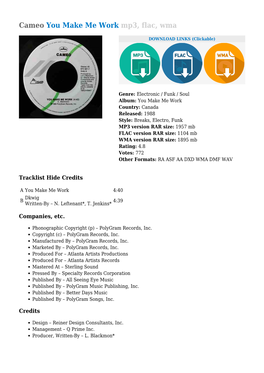 Cameo You Make Me Work Mp3, Flac, Wma