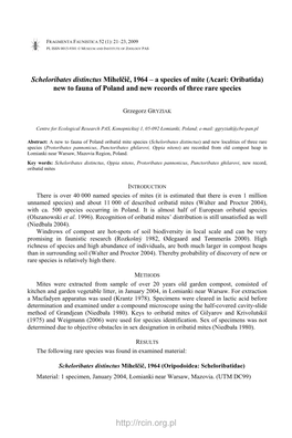 Scheloribates Distinctus Mihelčič, 1964 – a Species of Mite (Acari: Oribatida) New to Fauna of Poland and New Records of Three Rare Species