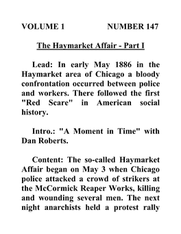 VOLUME 1 NUMBER 147 the Haymarket Affair