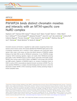 PWWP2A Binds Distinct Chromatin Moieties and Interacts with an MTA1-Speciﬁc Core Nurd Complex