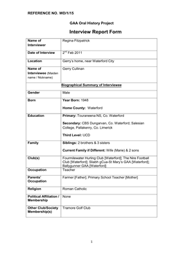 GAA Oral History Project Interview Report Form