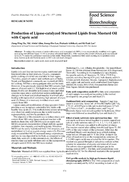 Production of Lipase-Catalyzed Structured Lipids from Mustard Oil with Capric Acid