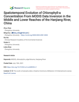 Spatiotemporal Evolution of Chlorophyll-A Concentration from MODIS Data Inversion in the Middle and Lower Reaches of the Hanjiang River, China