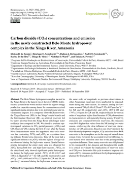 Carbon Dioxide (CO2) Concentrations and Emission in the Newly Constructed Belo Monte Hydropower Complex in the Xingu River, Amazonia