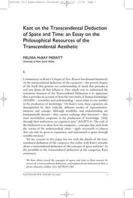 Kant on the Transcendental Deduction of Space and Time: an Essay on the Philosophical Resources of the Transcendental Aesthetic