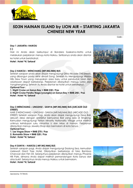 5D3N HAINAN ISLAND by LION AIR – STARTING JAKARTA CHENESE NEW YEAR Code