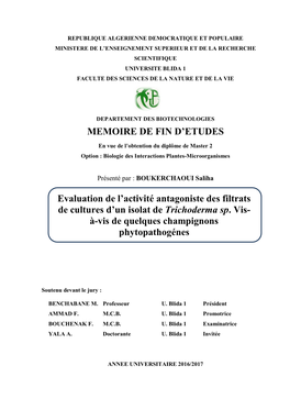 MEMOIRE DE FIN D'etudes Evaluation De L'activité Antagoniste