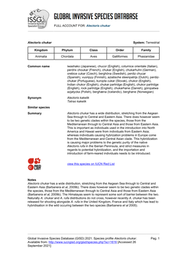FULL ACCOUNT FOR: Alectoris Chukar Global Invasive Species Database (GISD) 2021. Species Profile Alectoris Chukar. Available