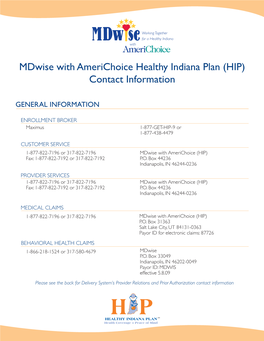 Mdwise with Americhoice Healthy Indiana Plan (HIP) Contact Information