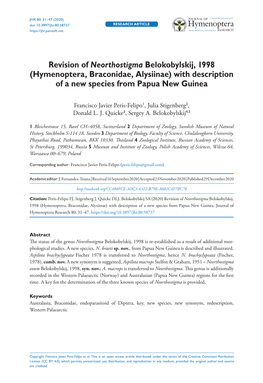 Hymenoptera, Braconidae, Alysiinae) with Description of a New Species from Papua New Guinea