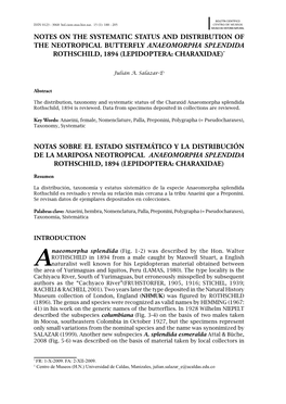 Notes on the Systematic Status and Distribution of the Neotropical Butterfly Anaeomorpha Splendida Rothschild, 1894 (Lepidoptera: Charaxidae)*