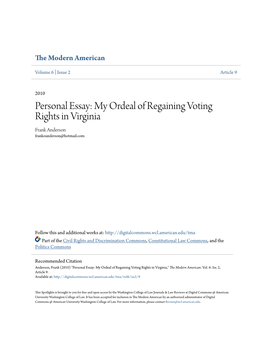 Personal Essay: My Ordeal of Regaining Voting Rights in Virginia Frank Anderson Frankoanderson@Hotmail.Com