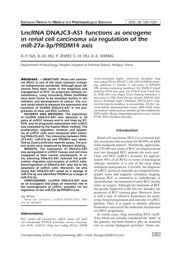 Lncrna DNAJC3-AS1 Functions As Oncogene in Renal Cell Carcinoma Via Regulation of the Mir-27A-3P/PRDM14 Axis