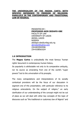 The Universalism of the Magna Carta with Specific Reference to Freedom of Religion: Parallels in the Contemporary and Traditional Law of Nigeria