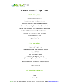 Princess Menu – 3 Days Cruise