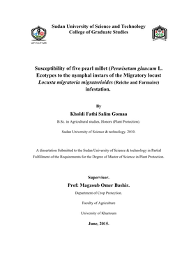 Susceptibility of Five Pearl Ecotypes to the Nymphal I Locusta Migratoria