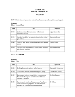SYMPHY 2011 Saturday, January 15, 2011 PROGRAM 08:30 Distribution of Symposium Material and Lunch Coupons for Registered Partici
