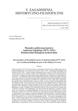 Meandry Politycznej Kariery Andrzeja Lipskiego (1572–1631)