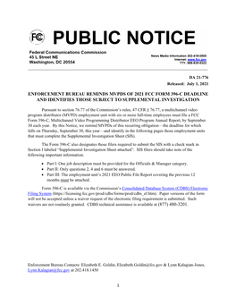 Enforcement Bureau Reminds Mvpds of 2021 Fcc Form 396-C Deadline and Identifies Those Subject to Supplemental Investigation