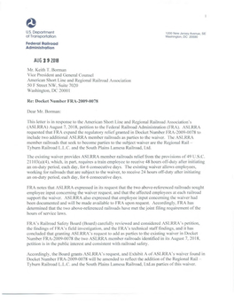 Mr. Keith T. Borman Vice President and General Counsel American Short Line and Regional Railroad Association 50 F Street NW, Suite 7020 Washington, DC 20001