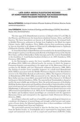 Late–Early–Middle Pleistocene Records of Homotherium Fabrini (Felidae, Machairodontinae) from the Asian Territory of Russia