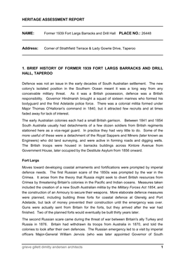 Heritage Assessment Report Name: 1. Brief History of Former 1939 Fort Largs Barracks and Drill Hall, Taperoo