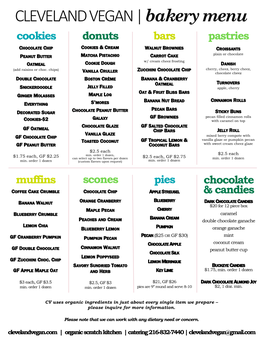 Bakery Menu Cookies Donuts Bars Pastries