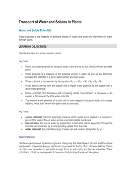 Transport of Water and Solutes in Plants