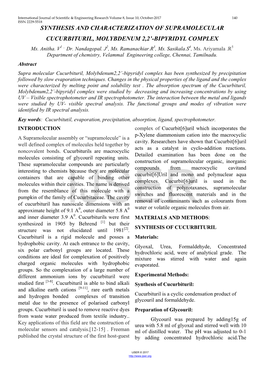 Synthesis and Characterization of Supramolecular Cucurbituril, Molybdenum 2,2'-Bipyridyl Complex