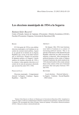 Les Eleccions Municipals De 1934 a La Segarra