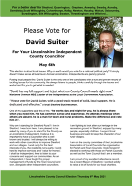 Please Vote for David Suiter, with a Good Track Record of Solid, Local Support