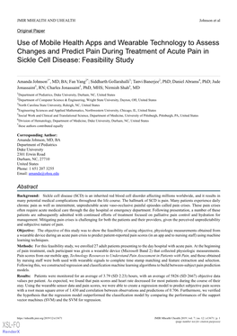 Use of Mobile Health Apps and Wearable Technology to Assess Changes and Predict Pain During Treatment of Acute Pain in Sickle Cell Disease: Feasibility Study