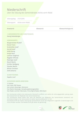 Niederschrift Über Die Sitzung Des Gemeinderates Aicha Vorm Wald