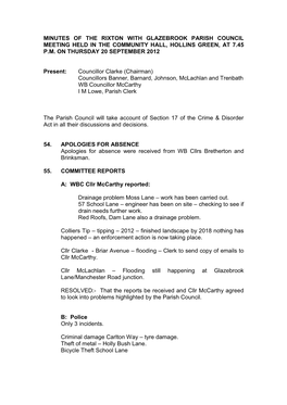 Minutes of the Meeting of the Rixton with Glazebrook Parish Council Held in the Community Hall, Hollins Green, on Thursday 20