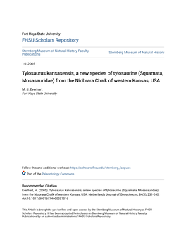 Tylosaurus Kansasensis, a New Species of Tylosaurine (Squamata, Mosasauridae) from the Niobrara Chalk of Western Kansas, USA