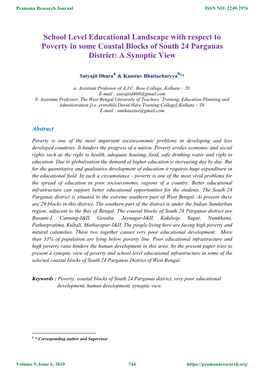 School Level Educational Landscape with Respect to Poverty in Some Coastal Blocks of South 24 Parganas District: a Synoptic View