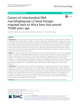 Carriers of Mitochondrial DNA Macrohaplogroup L3 Basal Lineages Migrated Back to Africa from Asia Around 70,000 Years Ago Vicente M