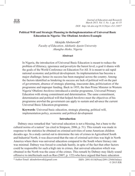 Political Will and Strategic Planning in Theimplementation of Universal Basic Education in Nigeria: the Obafemi Awolowo Example