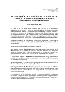 Acta De Sesión De Elección E Instalación De La Comisión De Justicia Y Derechos Humanos Período Anual De Sesiones 2008-2009