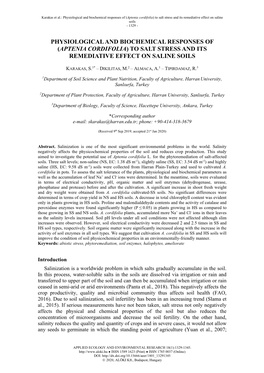 Physiological and Biochemical Responses of (Aptenia Cordifolia) to Salt Stress and Its Remediative Effect on Saline Soils - 1329