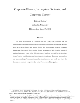 Corporate Finance, Incomplete Contracts, and Corporate Control*