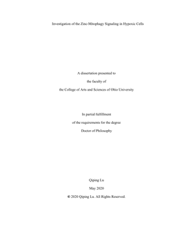 Investigation of the Zinc-Mitophagy Signaling in Hypoxic Cells a Dissertation Presented to the Faculty of the College of Arts An