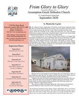 From Glory to Glory the Monthly Newsletter of the Assumption Greek Orthodox Church