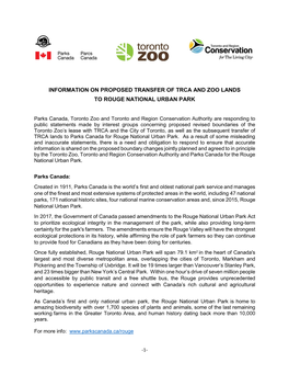 Information on Proposed Transfer of Trca and Zoo Lands to Rouge National Urban Park