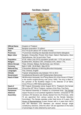 Fact Sheet – Thailand Official Name Kingdom of Thailand Capital Bangkok